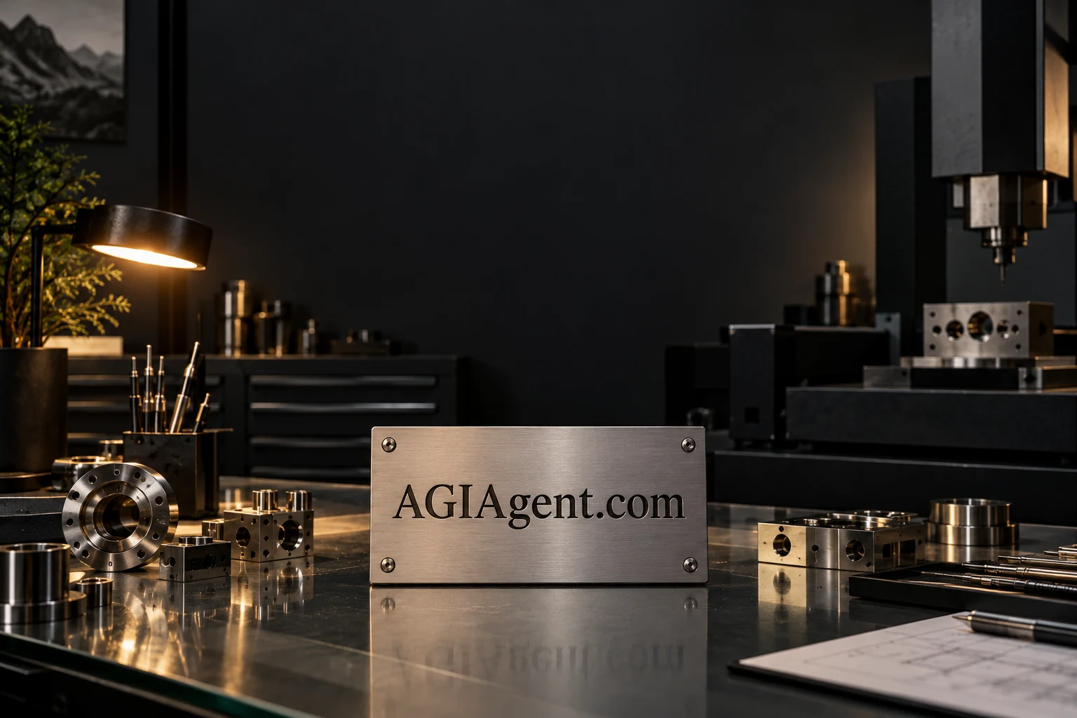 A metal AGIAgent.com nameplate on an engineering workbench