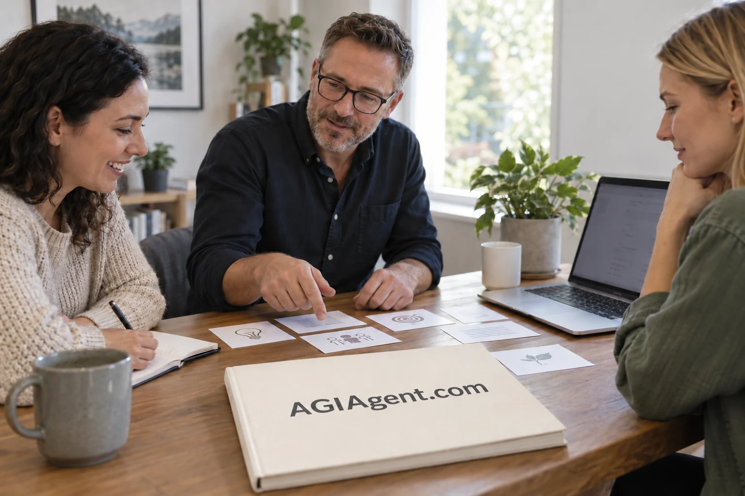 Professionals discussing a tabletop exercise beside an AGIAgent.com workbook
