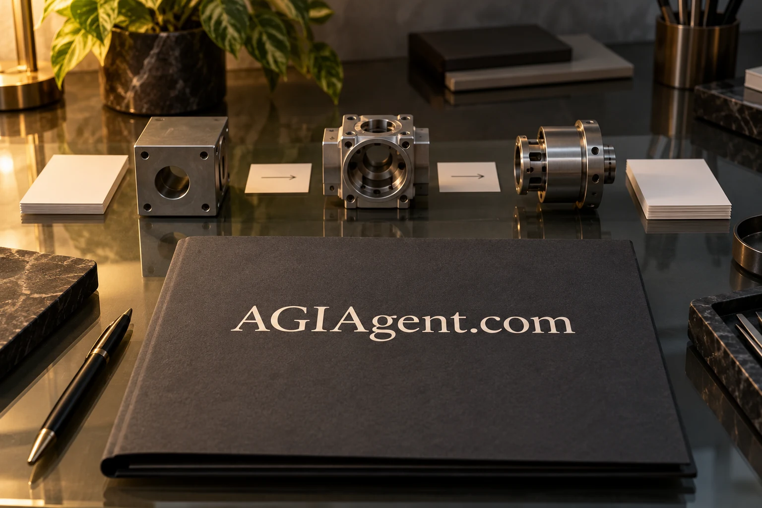 Machined components arranged as a workflow beside an AGIAgent.com notebook