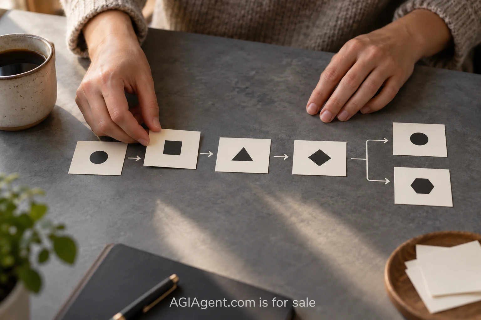Hands arranging task cards into a sequence with a branching decision